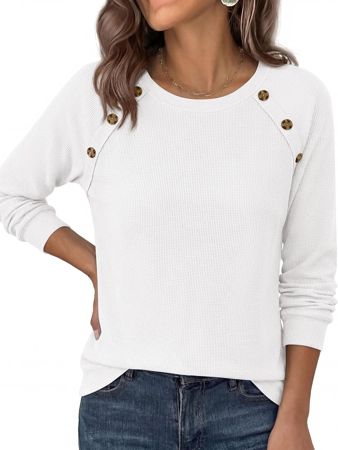 image:imagePRETTYGARDEN Long Sleeve Shirts for Women Waffle Knit Tops Fall Fashion 2026 Dressy Casual Loose Tunic Blouse Winter ClothingWhite