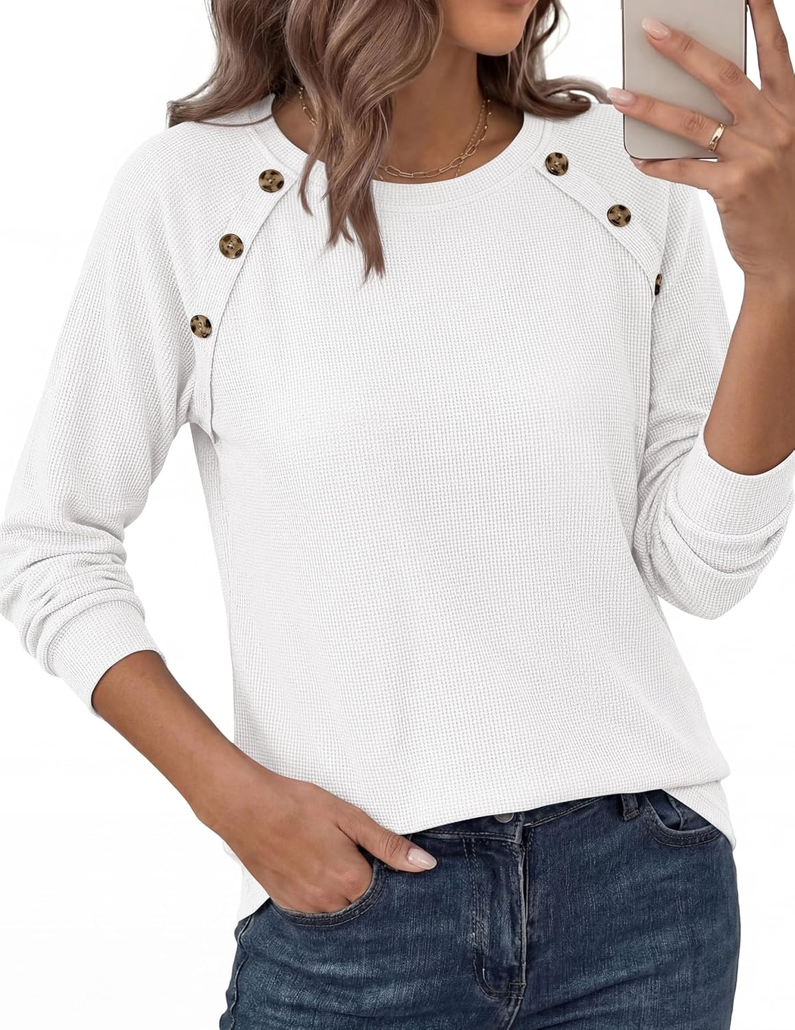 image:imagePRETTYGARDEN Long Sleeve Shirts for Women Waffle Knit Tops Fall Fashion 2026 Dressy Casual Loose Tunic Blouse Winter ClothingWhite