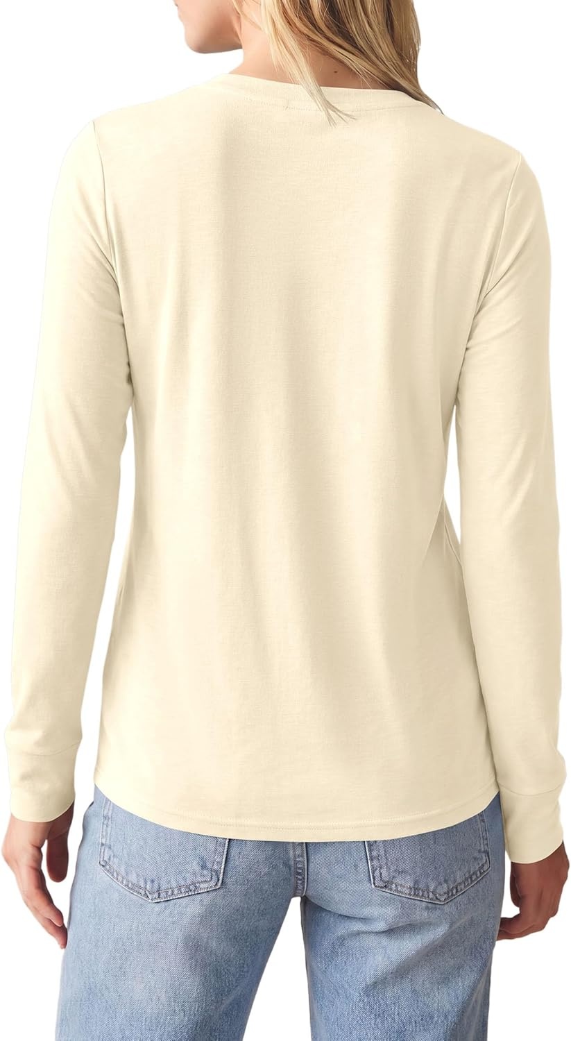 image:imagePRETTYGARDEN Long Sleeve Tshirts Shirts for Women Clothing Fall Fashion 2026 Basic Tees Casual Blouses Crew Neck Winter TopsBeige