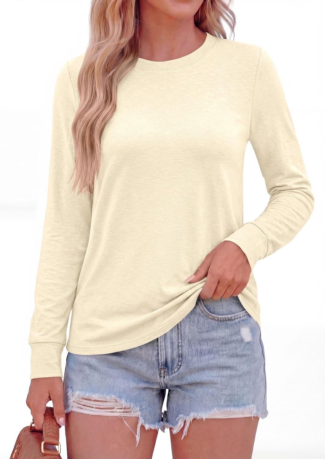 image:imagePRETTYGARDEN Long Sleeve Tshirts Shirts for Women Clothing Fall Fashion 2026 Basic Tees Casual Blouses Crew Neck Winter TopsBeige