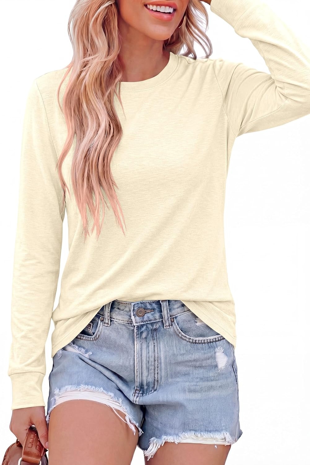 image:imagePRETTYGARDEN Long Sleeve Tshirts Shirts for Women Clothing Fall Fashion 2026 Basic Tees Casual Blouses Crew Neck Winter TopsBeige