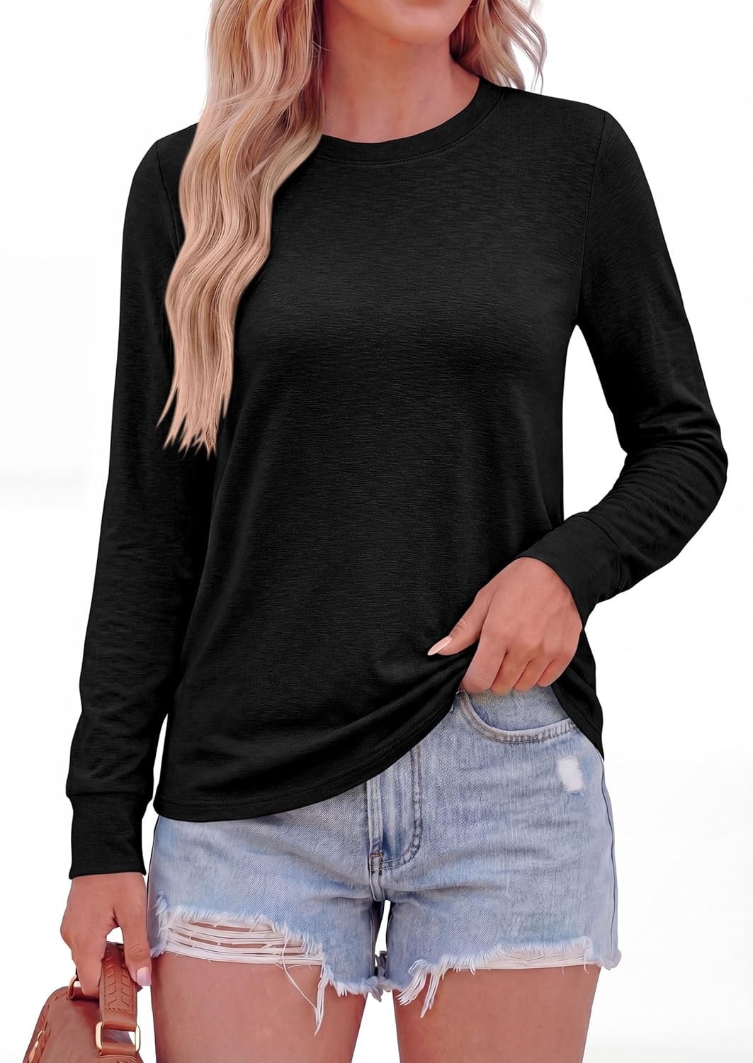 image:imagePRETTYGARDEN Long Sleeve Tshirts Shirts for Women Clothing Fall Fashion 2026 Basic Tees Casual Blouses Crew Neck Winter TopsBlack