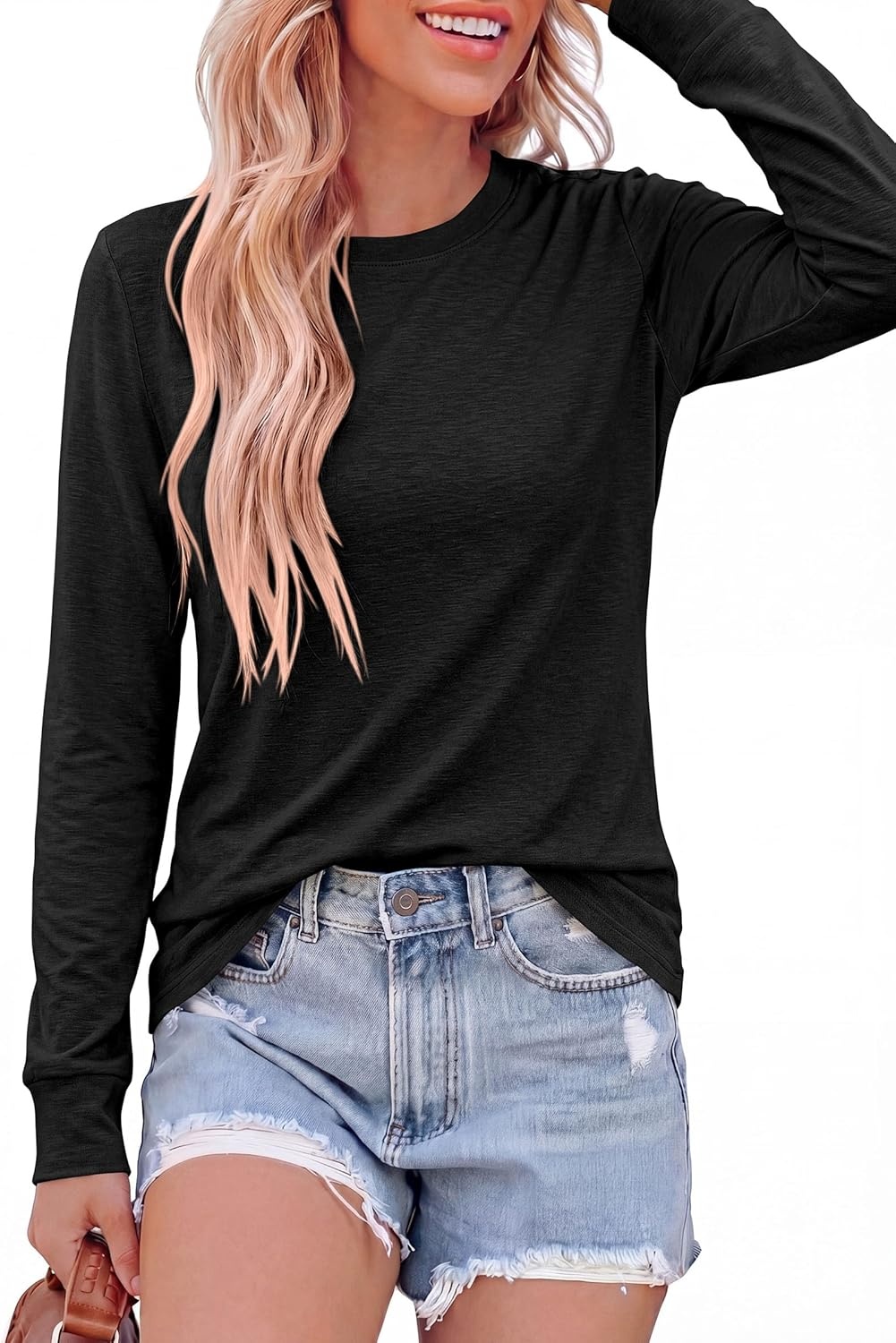 image:imagePRETTYGARDEN Long Sleeve Tshirts Shirts for Women Clothing Fall Fashion 2026 Basic Tees Casual Blouses Crew Neck Winter TopsBlack