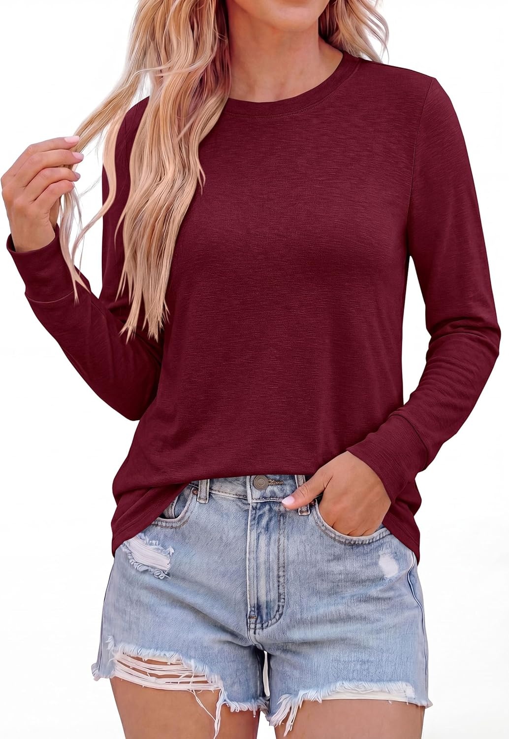 image:imagePRETTYGARDEN Long Sleeve Tshirts Shirts for Women Clothing Fall Fashion 2026 Basic Tees Casual Blouses Crew Neck Winter TopsBurgundy