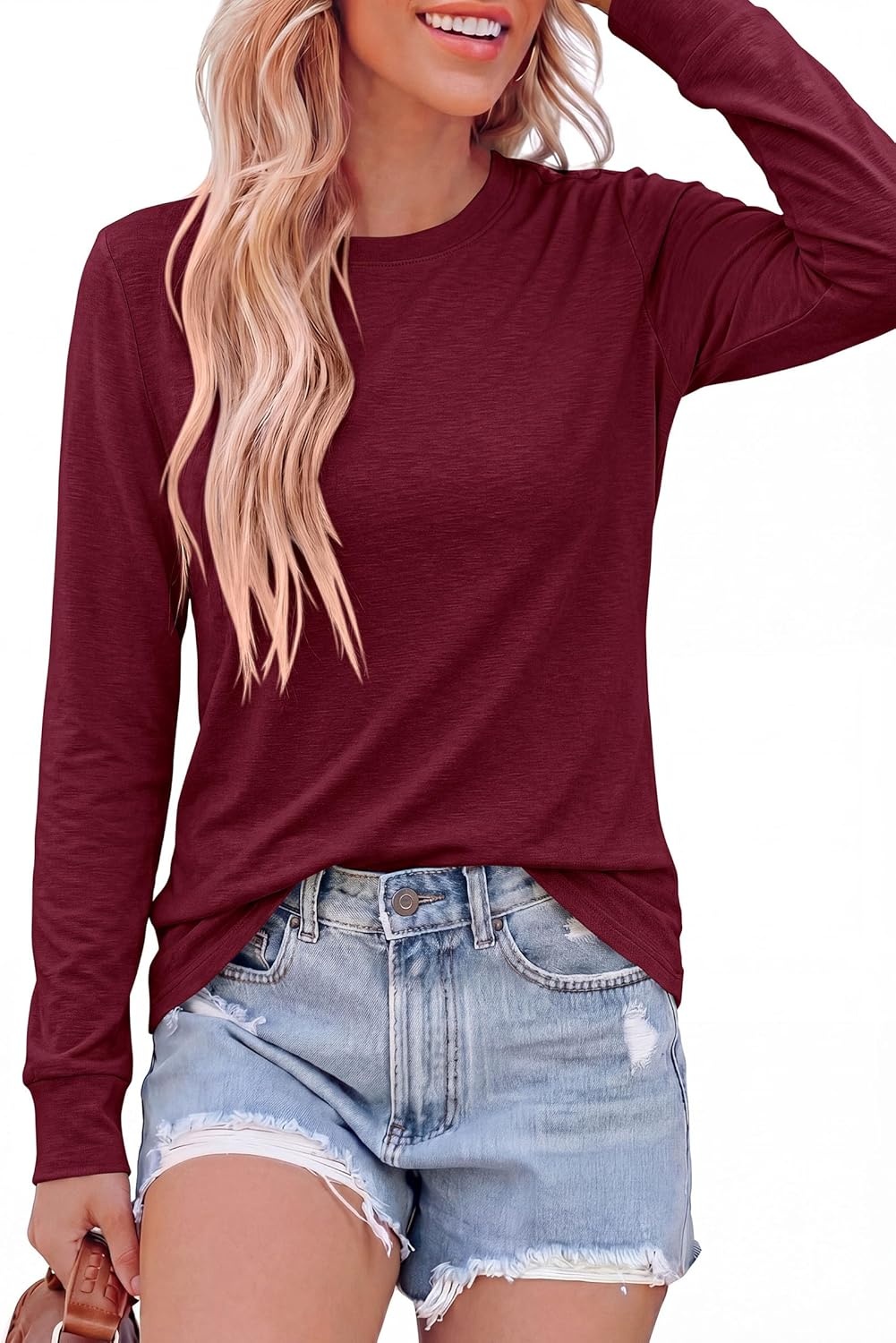 image:imagePRETTYGARDEN Long Sleeve Tshirts Shirts for Women Clothing Fall Fashion 2026 Basic Tees Casual Blouses Crew Neck Winter TopsBurgundy