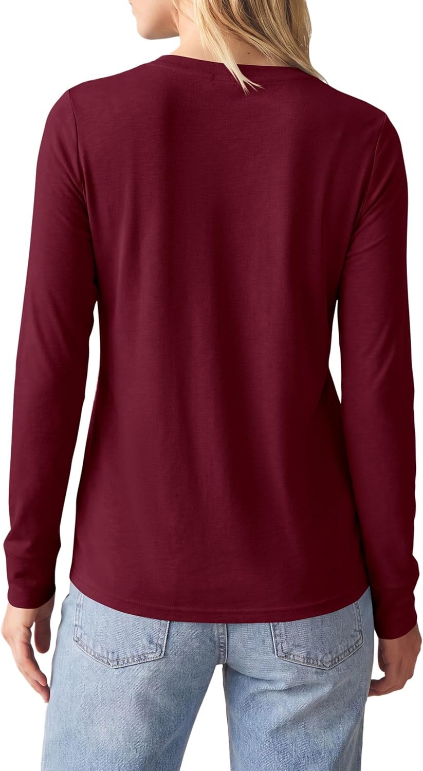 image:imagePRETTYGARDEN Long Sleeve Tshirts Shirts for Women Clothing Fall Fashion 2026 Basic Tees Casual Blouses Crew Neck Winter TopsBurgundy