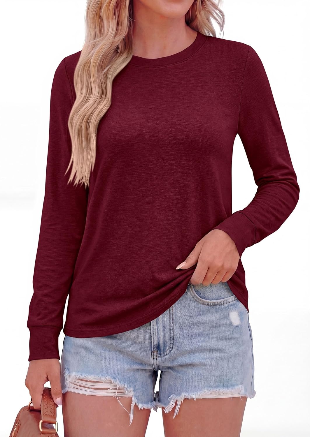 image:imagePRETTYGARDEN Long Sleeve Tshirts Shirts for Women Clothing Fall Fashion 2026 Basic Tees Casual Blouses Crew Neck Winter TopsBurgundy