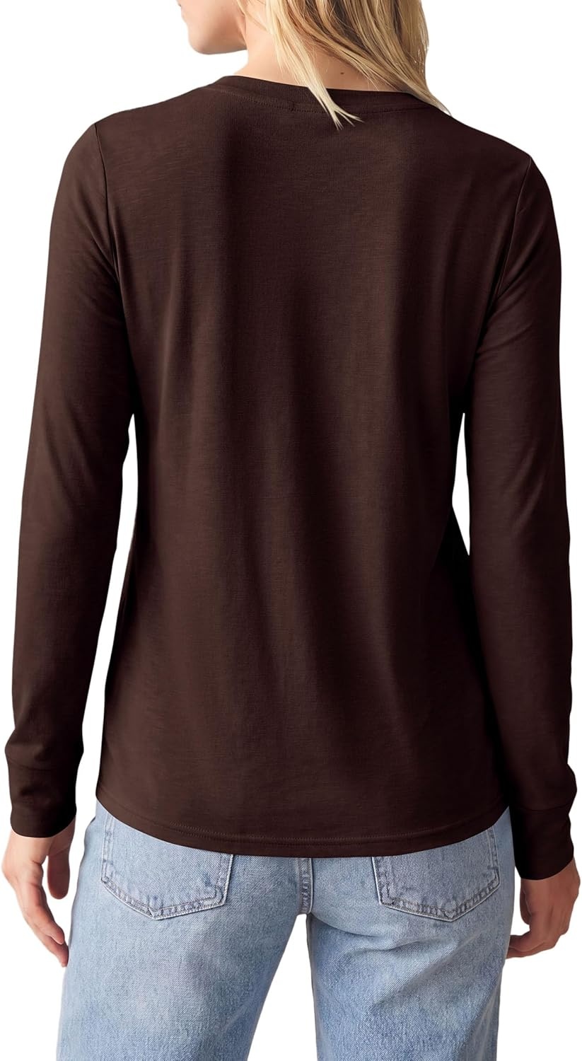 image:imagePRETTYGARDEN Long Sleeve Tshirts Shirts for Women Clothing Fall Fashion 2026 Basic Tees Casual Blouses Crew Neck Winter TopsDark Brown