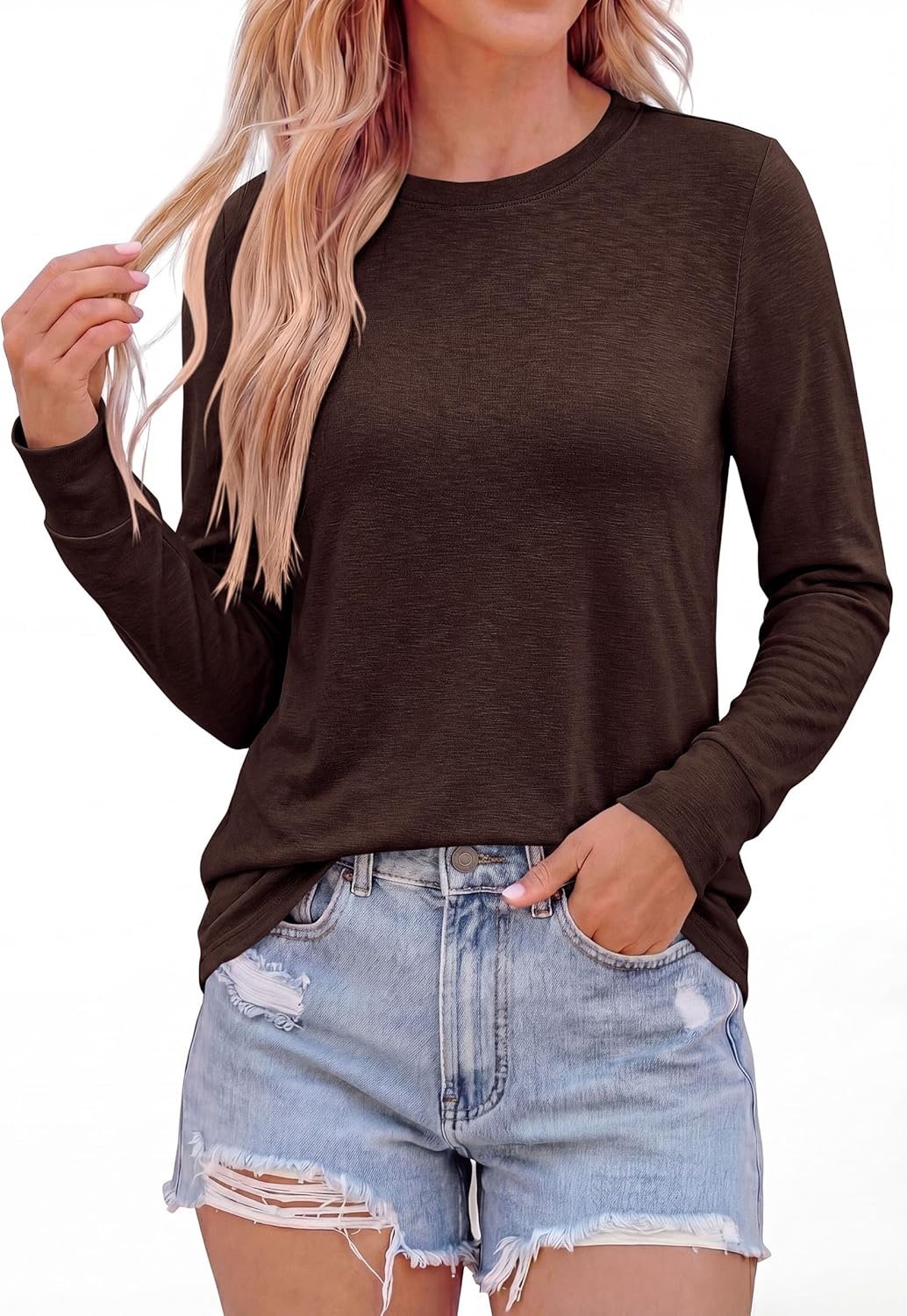 image:imagePRETTYGARDEN Long Sleeve Tshirts Shirts for Women Clothing Fall Fashion 2026 Basic Tees Casual Blouses Crew Neck Winter TopsDark Brown