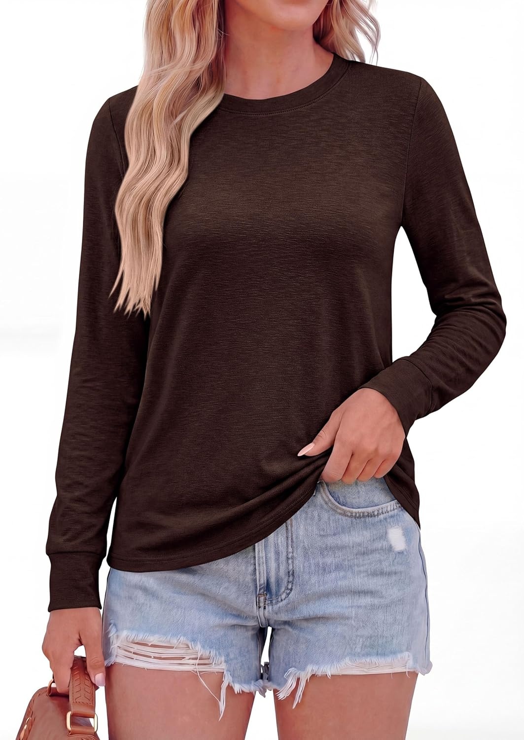 image:imagePRETTYGARDEN Long Sleeve Tshirts Shirts for Women Clothing Fall Fashion 2026 Basic Tees Casual Blouses Crew Neck Winter TopsDark Brown