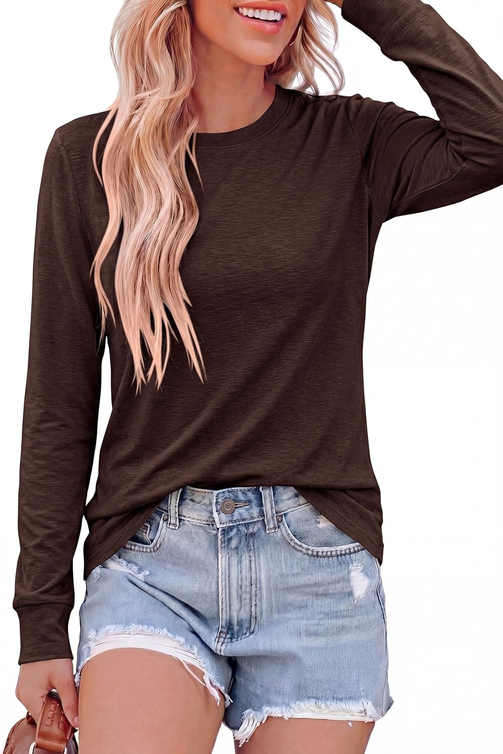 image:imagePRETTYGARDEN Long Sleeve Tshirts Shirts for Women Clothing Fall Fashion 2026 Basic Tees Casual Blouses Crew Neck Winter TopsDark Brown