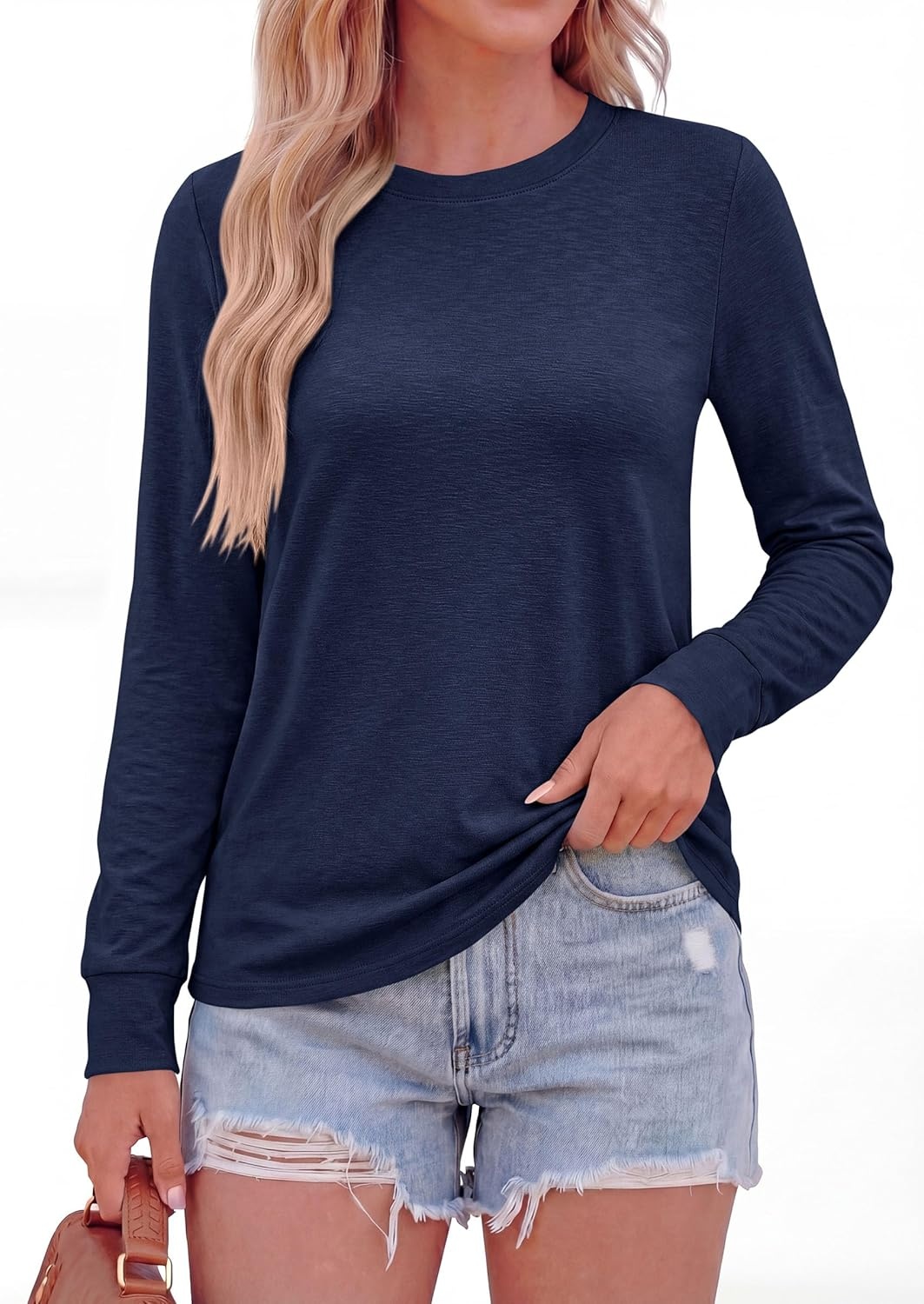 image:imagePRETTYGARDEN Long Sleeve Tshirts Shirts for Women Clothing Fall Fashion 2026 Basic Tees Casual Blouses Crew Neck Winter TopsNavy Blue