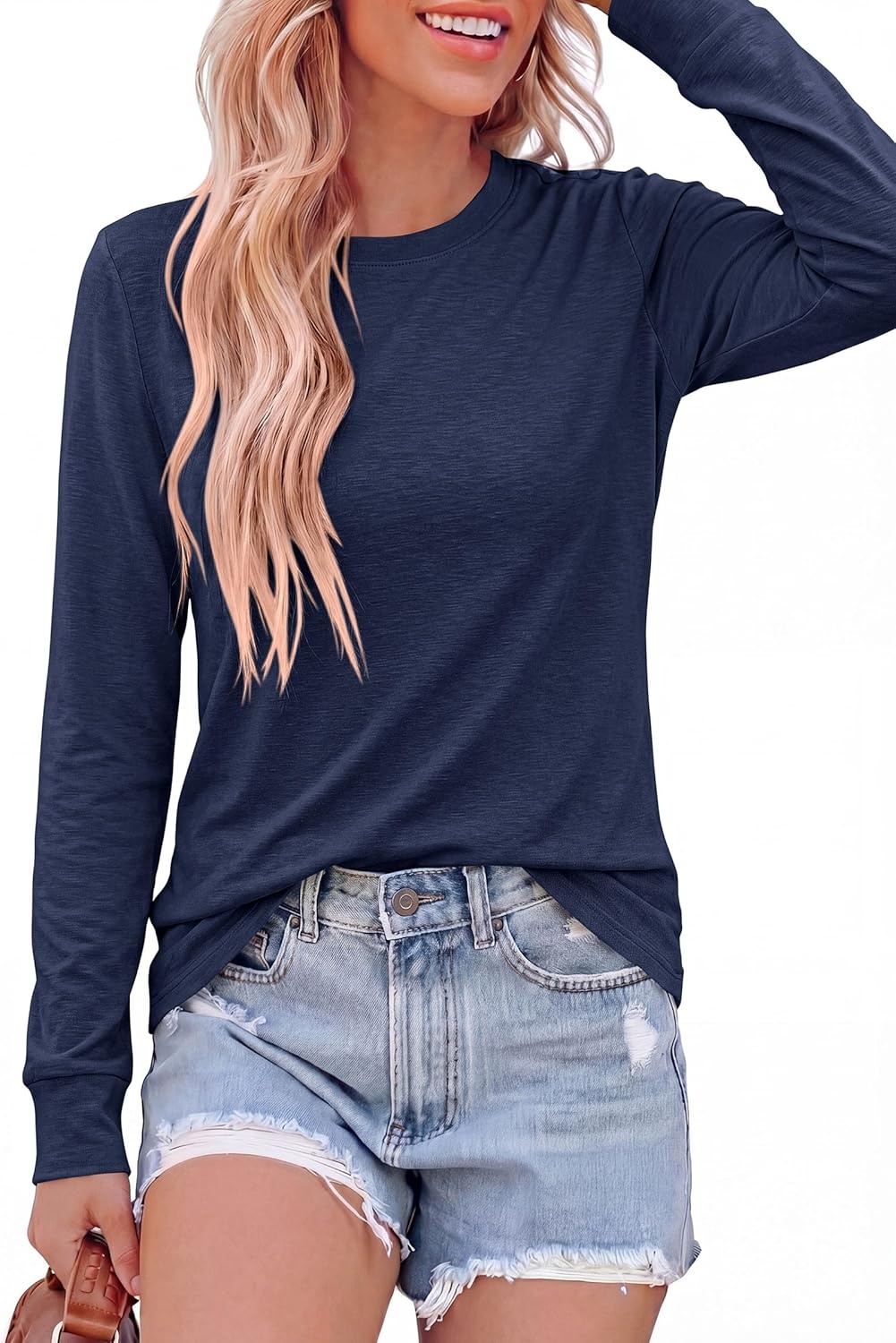 image:imagePRETTYGARDEN Long Sleeve Tshirts Shirts for Women Clothing Fall Fashion 2026 Basic Tees Casual Blouses Crew Neck Winter TopsNavy Blue