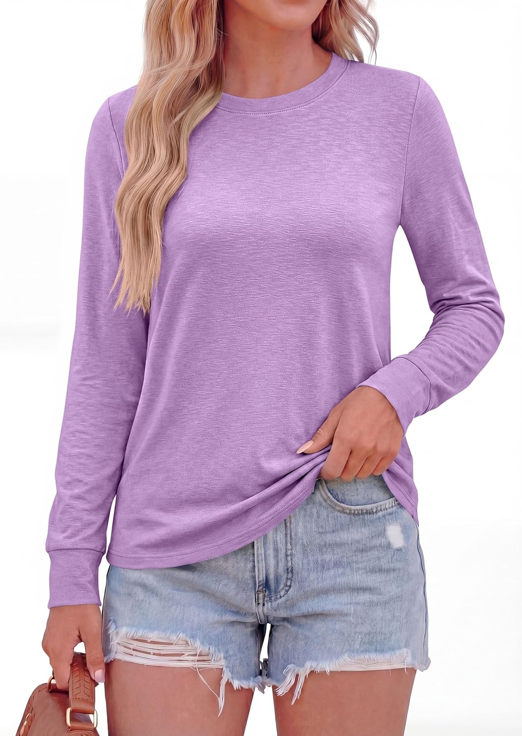 image:imagePRETTYGARDEN Long Sleeve Tshirts Shirts for Women Clothing Fall Fashion 2026 Basic Tees Casual Blouses Crew Neck Winter TopsPurple