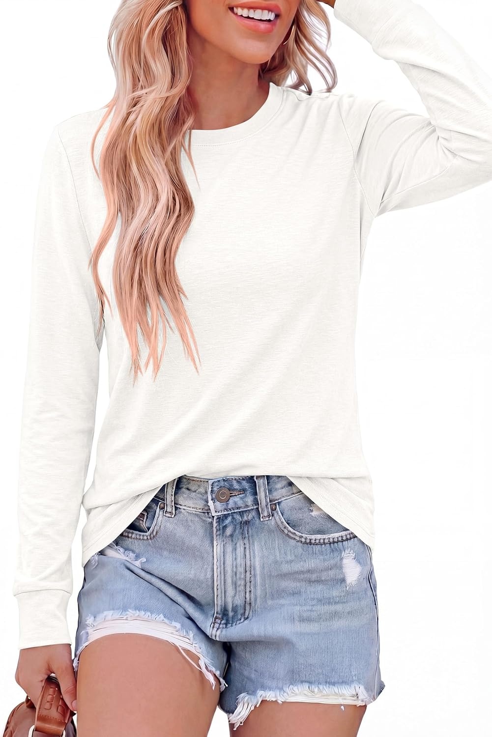 image:imagePRETTYGARDEN Long Sleeve Tshirts Shirts for Women Clothing Fall Fashion 2026 Basic Tees Casual Blouses Crew Neck Winter TopsWhite