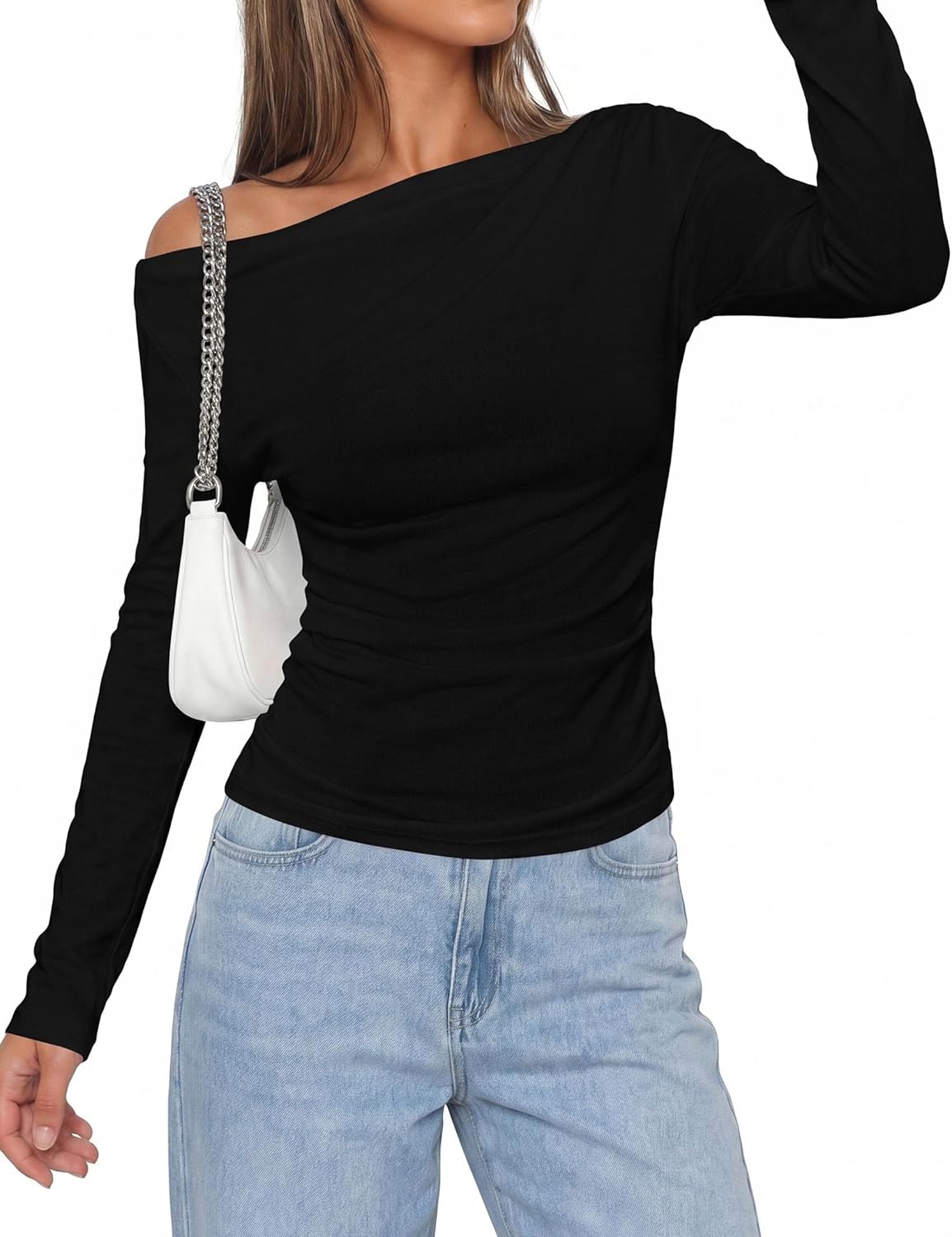 image:imagePRETTYGARDEN Off The Shoulder Tops for Women Going Out Long Sleeve Shirts 2026 Fall Casual Fitted Ribbed Ruched Y2K ClothesBlack