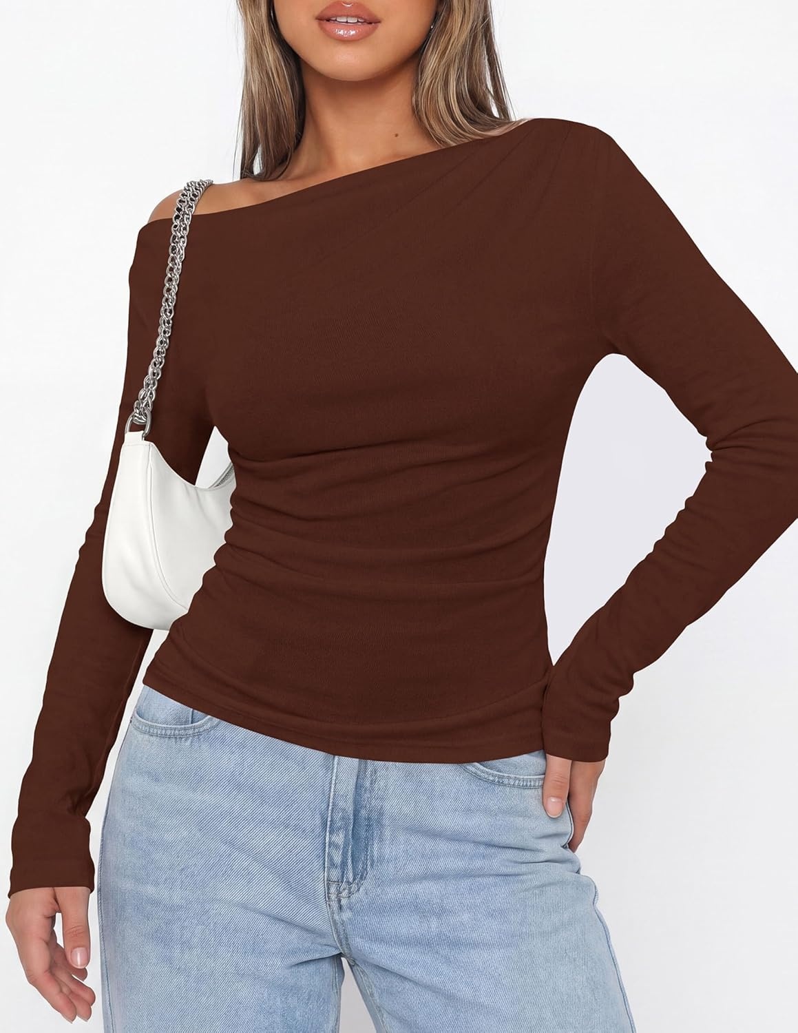 image:imagePRETTYGARDEN Off The Shoulder Tops for Women Going Out Long Sleeve Shirts 2026 Fall Casual Fitted Ribbed Ruched Y2K ClothesBrown