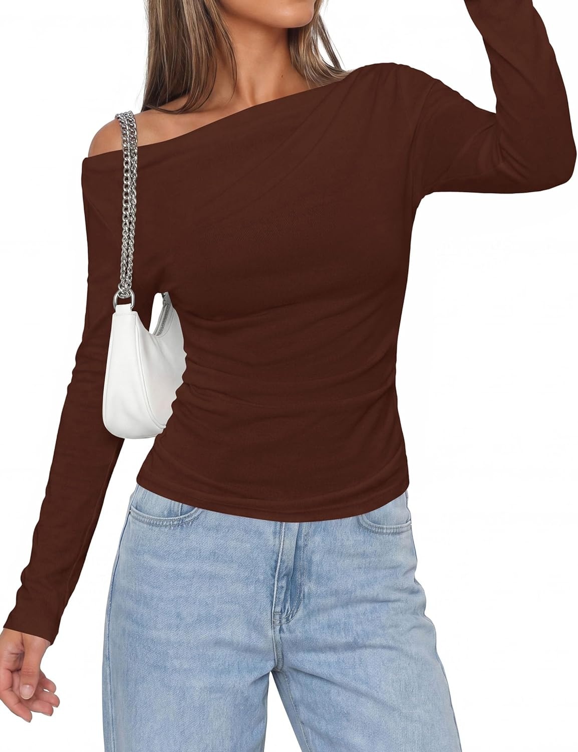 image:imagePRETTYGARDEN Off The Shoulder Tops for Women Going Out Long Sleeve Shirts 2026 Fall Casual Fitted Ribbed Ruched Y2K ClothesBrown