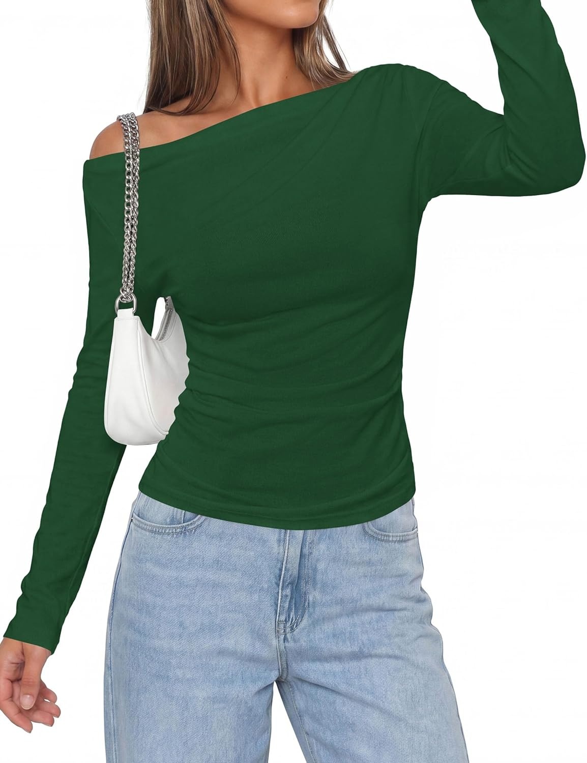 image:imagePRETTYGARDEN Off The Shoulder Tops for Women Going Out Long Sleeve Shirts 2026 Fall Casual Fitted Ribbed Ruched Y2K ClothesDark Green