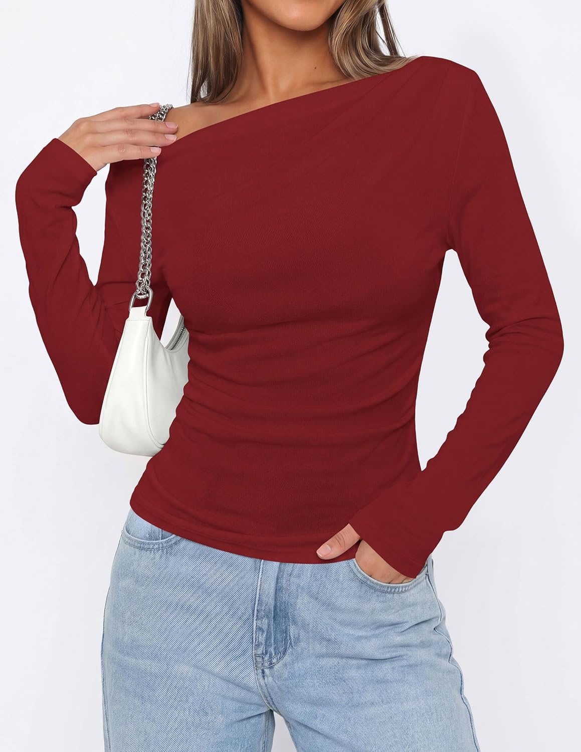 image:imagePRETTYGARDEN Off The Shoulder Tops for Women Going Out Long Sleeve Shirts 2026 Fall Casual Fitted Ribbed Ruched Y2K ClothesWine Red