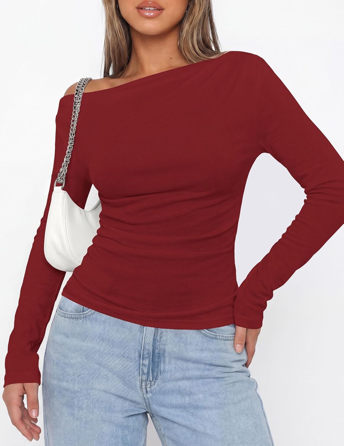 image:imagePRETTYGARDEN Off The Shoulder Tops for Women Going Out Long Sleeve Shirts 2026 Fall Casual Fitted Ribbed Ruched Y2K ClothesWine Red