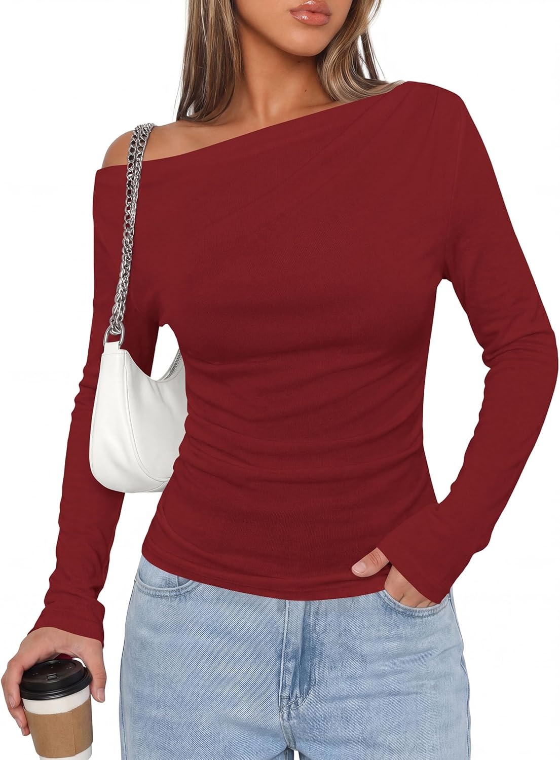 image:imagePRETTYGARDEN Off The Shoulder Tops for Women Going Out Long Sleeve Shirts 2026 Fall Casual Fitted Ribbed Ruched Y2K ClothesWine Red