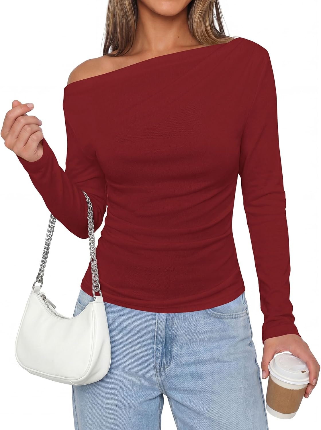 image:imagePRETTYGARDEN Off The Shoulder Tops for Women Going Out Long Sleeve Shirts 2026 Fall Casual Fitted Ribbed Ruched Y2K ClothesWine Red