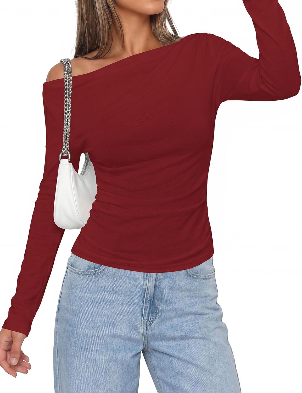 image:imagePRETTYGARDEN Off The Shoulder Tops for Women Going Out Long Sleeve Shirts 2026 Fall Casual Fitted Ribbed Ruched Y2K ClothesWine Red