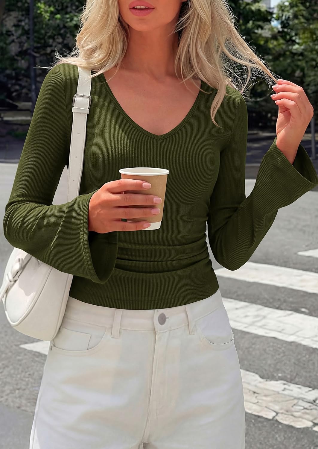 image:imagePRETTYGARDEN Women 2026 Fall Long Bell Sleeve Shirts Ribbed V Neck Fitted Ruched Trendy Y2K Going Out Tee Tops Summer ClothesArmy Green