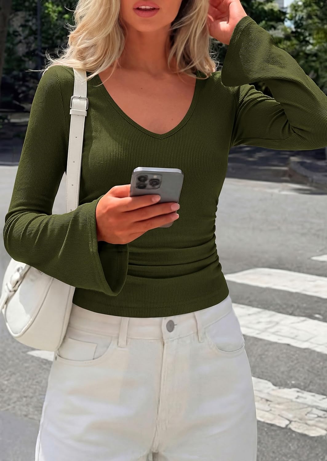 image:imagePRETTYGARDEN Women 2026 Fall Long Bell Sleeve Shirts Ribbed V Neck Fitted Ruched Trendy Y2K Going Out Tee Tops Summer ClothesArmy Green