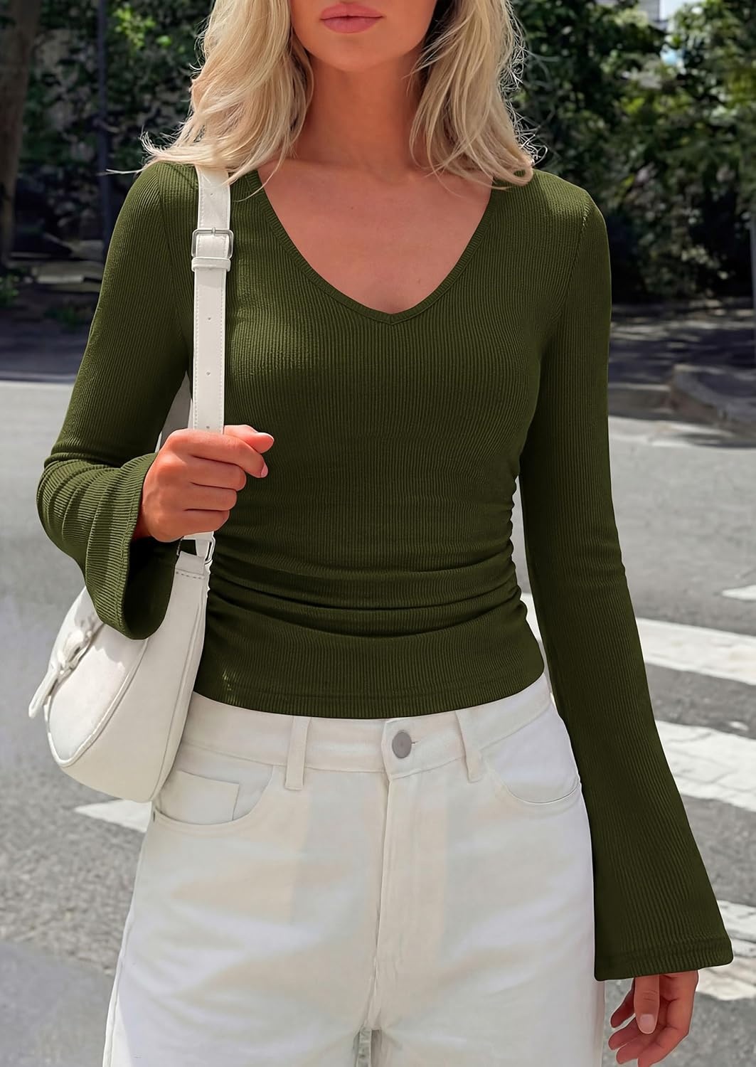 image:imagePRETTYGARDEN Women 2026 Fall Long Bell Sleeve Shirts Ribbed V Neck Fitted Ruched Trendy Y2K Going Out Tee Tops Summer ClothesArmy Green