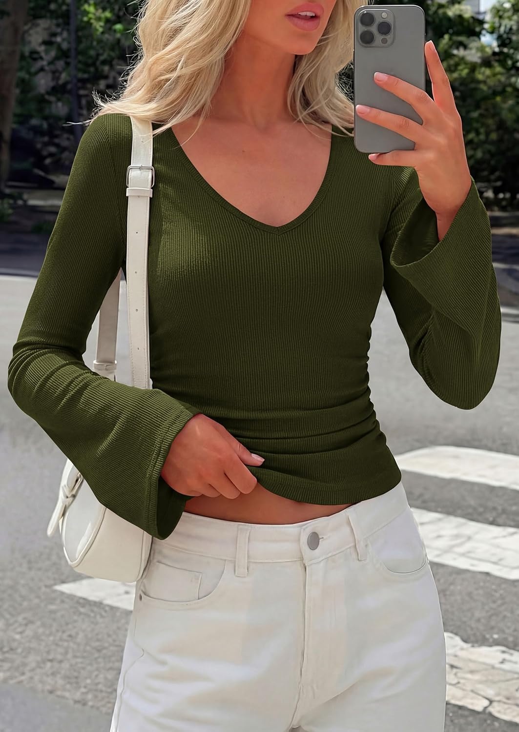 image:imagePRETTYGARDEN Women 2026 Fall Long Bell Sleeve Shirts Ribbed V Neck Fitted Ruched Trendy Y2K Going Out Tee Tops Summer ClothesArmy Green