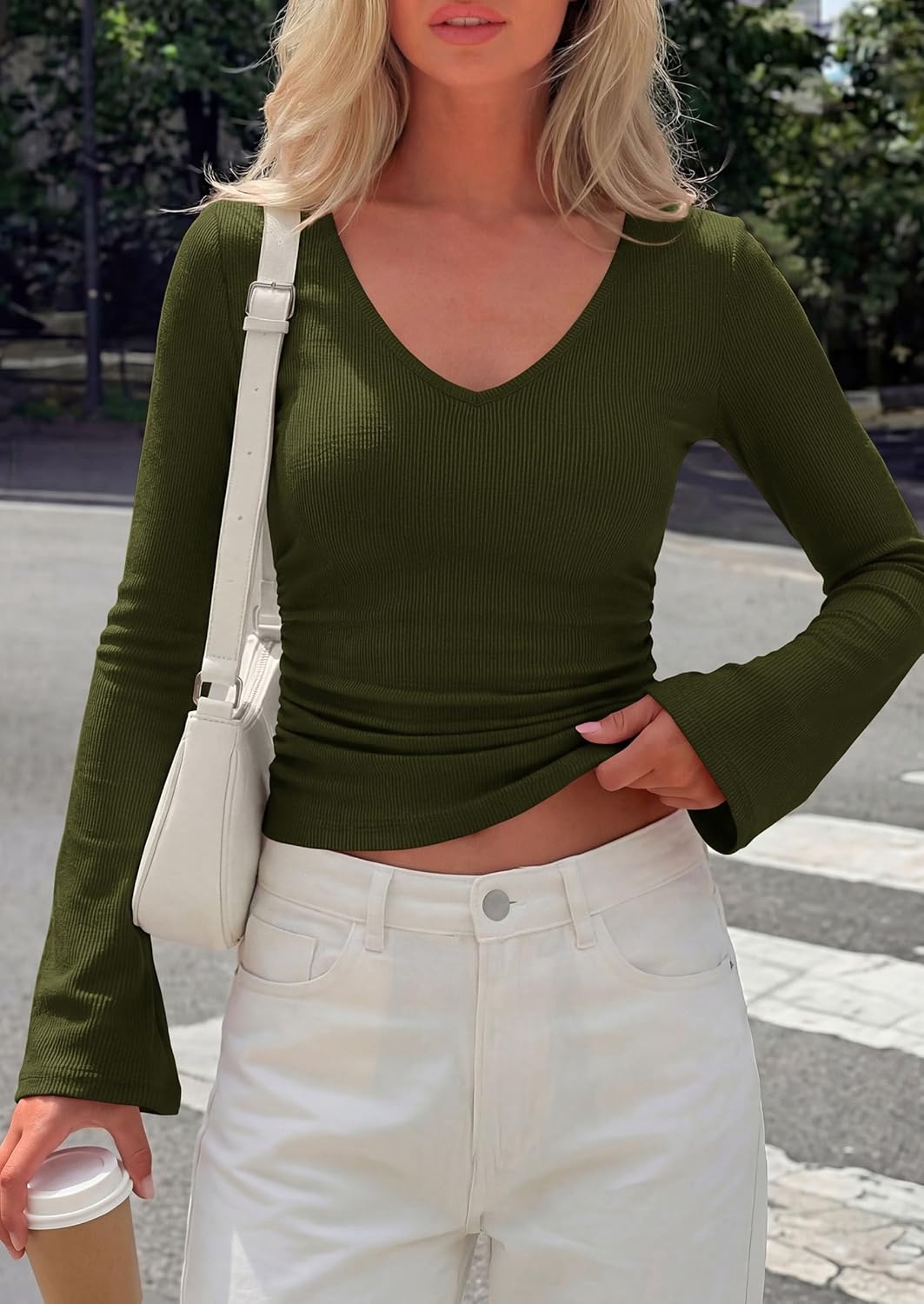 image:imagePRETTYGARDEN Women 2026 Fall Long Bell Sleeve Shirts Ribbed V Neck Fitted Ruched Trendy Y2K Going Out Tee Tops Summer ClothesArmy Green