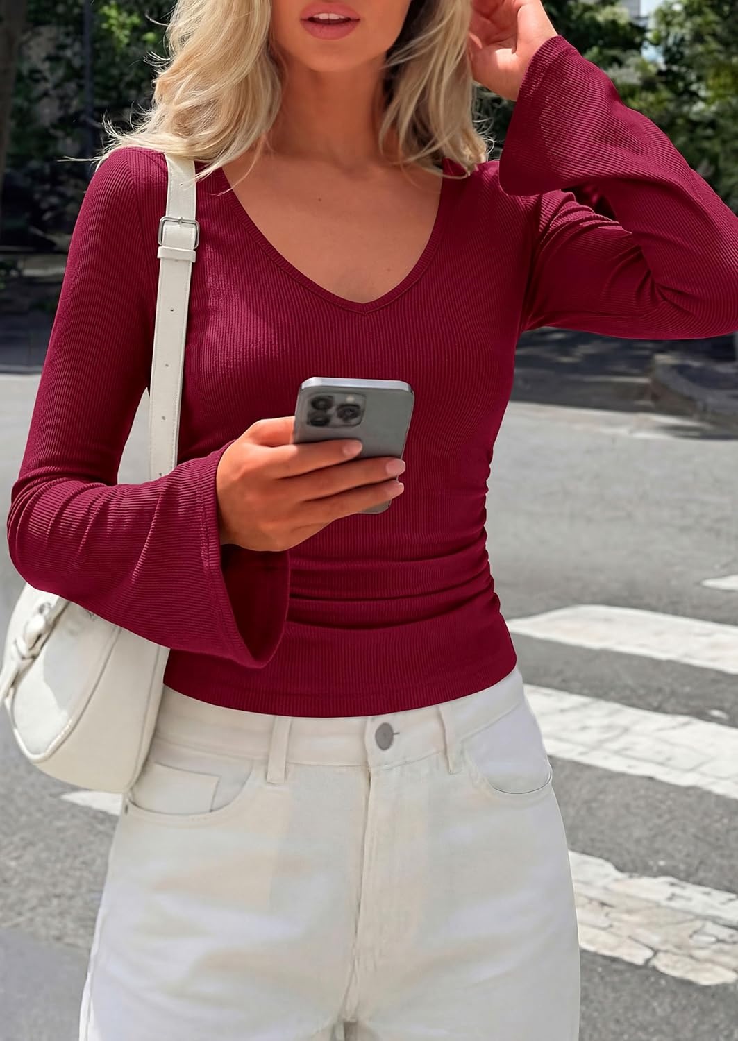 image:imagePRETTYGARDEN Women 2026 Fall Long Bell Sleeve Shirts Ribbed V Neck Fitted Ruched Trendy Y2K Going Out Tee Tops Summer ClothesBurgundy