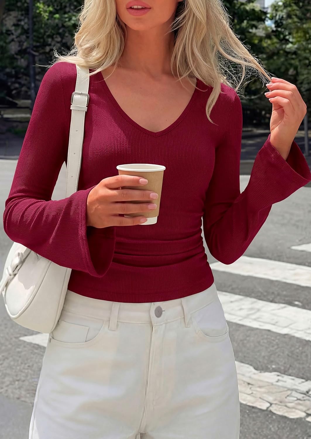 image:imagePRETTYGARDEN Women 2026 Fall Long Bell Sleeve Shirts Ribbed V Neck Fitted Ruched Trendy Y2K Going Out Tee Tops Summer ClothesBurgundy