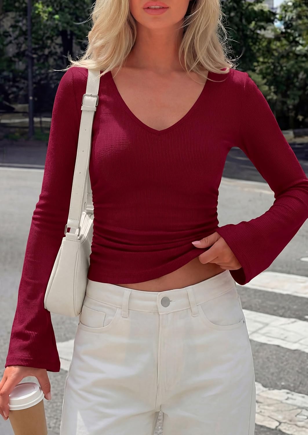 image:imagePRETTYGARDEN Women 2026 Fall Long Bell Sleeve Shirts Ribbed V Neck Fitted Ruched Trendy Y2K Going Out Tee Tops Summer ClothesBurgundy