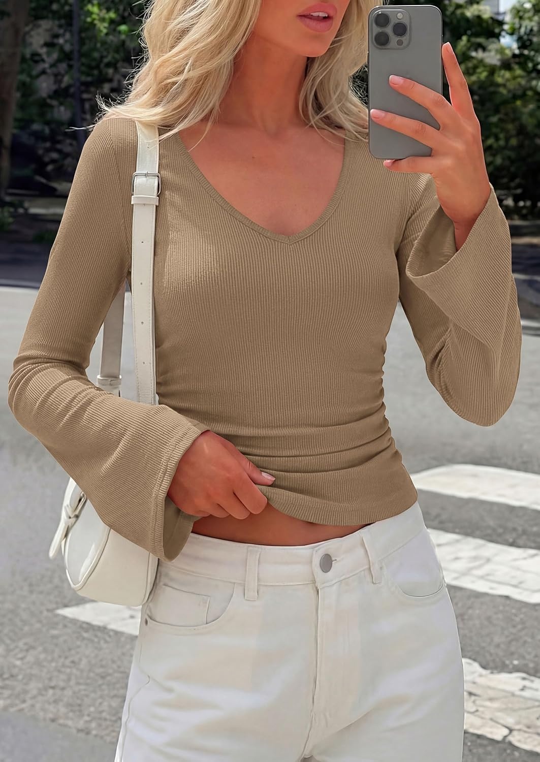 image:imagePRETTYGARDEN Women 2026 Fall Long Bell Sleeve Shirts Ribbed V Neck Fitted Ruched Trendy Y2K Going Out Tee Tops Summer ClothesLight Brown