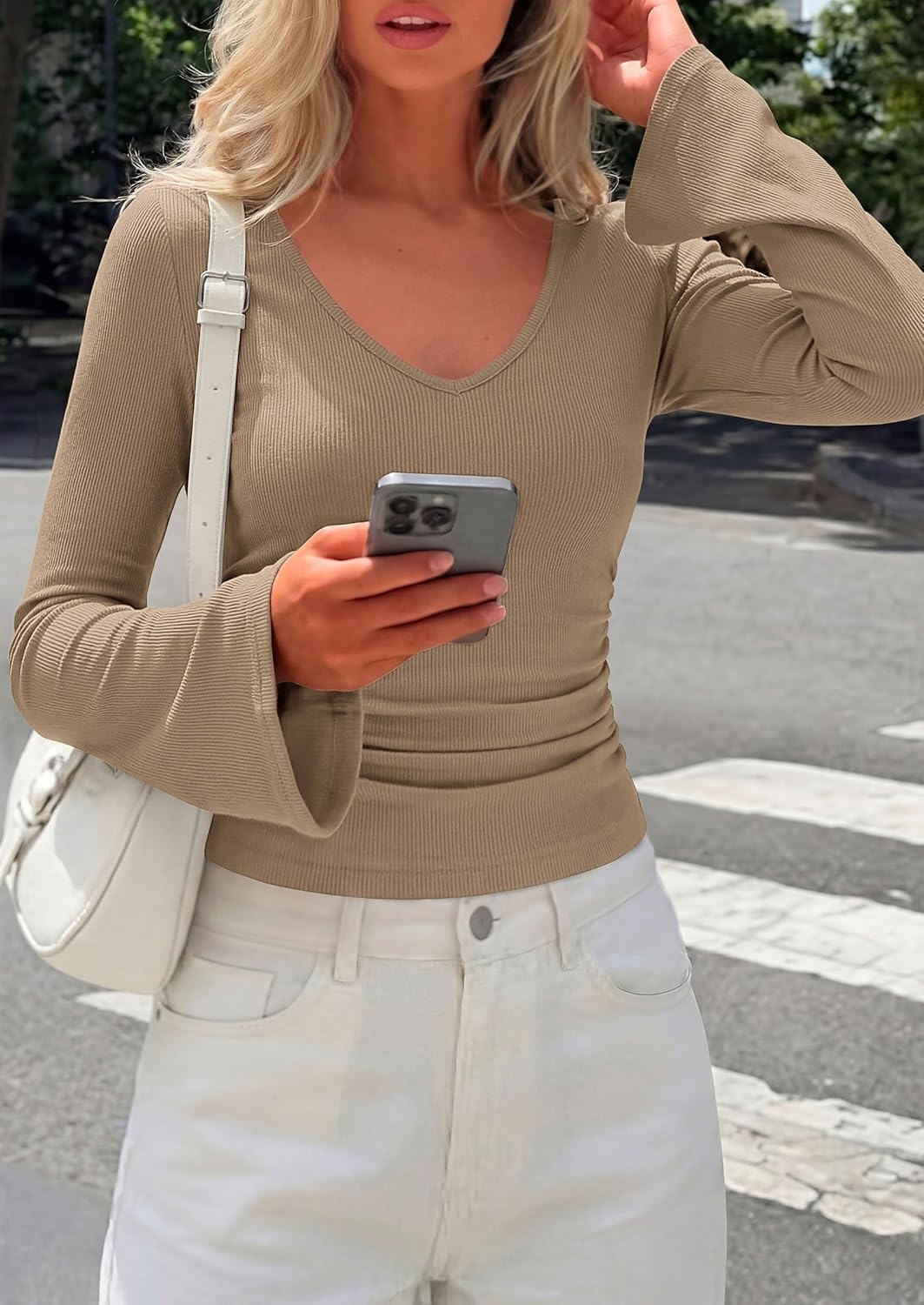 image:imagePRETTYGARDEN Women 2026 Fall Long Bell Sleeve Shirts Ribbed V Neck Fitted Ruched Trendy Y2K Going Out Tee Tops Summer ClothesLight Brown