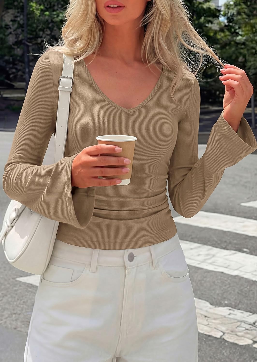 image:imagePRETTYGARDEN Women 2026 Fall Long Bell Sleeve Shirts Ribbed V Neck Fitted Ruched Trendy Y2K Going Out Tee Tops Summer ClothesLight Brown