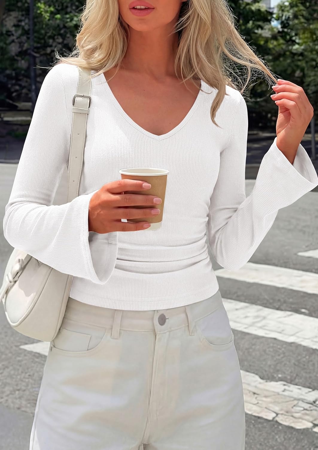 image:imagePRETTYGARDEN Women 2026 Fall Long Bell Sleeve Shirts Ribbed V Neck Fitted Ruched Trendy Y2K Going Out Tee Tops Summer ClothesWhite