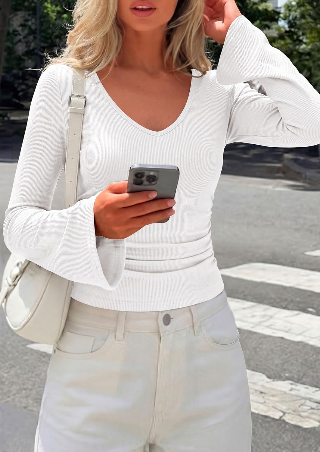 image:imagePRETTYGARDEN Women 2026 Fall Long Bell Sleeve Shirts Ribbed V Neck Fitted Ruched Trendy Y2K Going Out Tee Tops Summer ClothesWhite