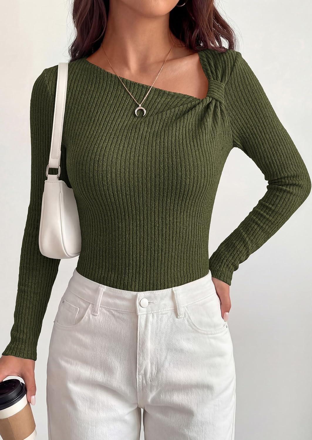 image:imagePRETTYGARDEN Womens 2026 Early Fall Fashion Long Sleeve T Shirts Asymmetrical Ribbed Fitted Trendy Going Out Tops Y2K OutfitsArmy Green