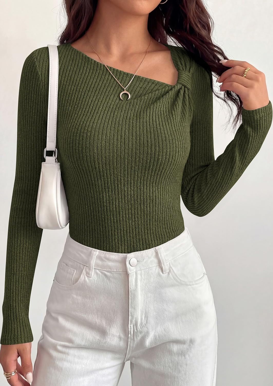 image:imagePRETTYGARDEN Womens 2026 Early Fall Fashion Long Sleeve T Shirts Asymmetrical Ribbed Fitted Trendy Going Out Tops Y2K OutfitsArmy Green