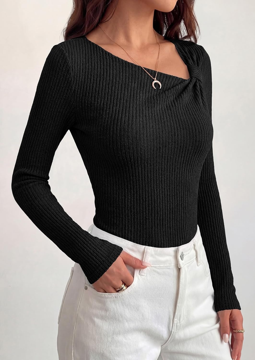 image:imagePRETTYGARDEN Womens 2026 Early Fall Fashion Long Sleeve T Shirts Asymmetrical Ribbed Fitted Trendy Going Out Tops Y2K OutfitsBlack