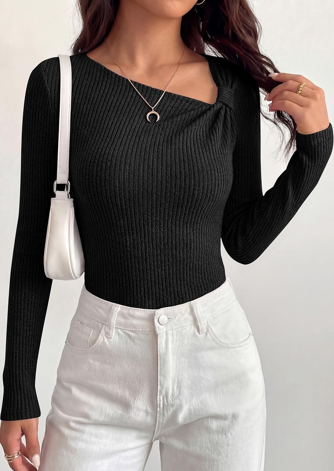 image:imagePRETTYGARDEN Womens 2026 Early Fall Fashion Long Sleeve T Shirts Asymmetrical Ribbed Fitted Trendy Going Out Tops Y2K OutfitsBlack