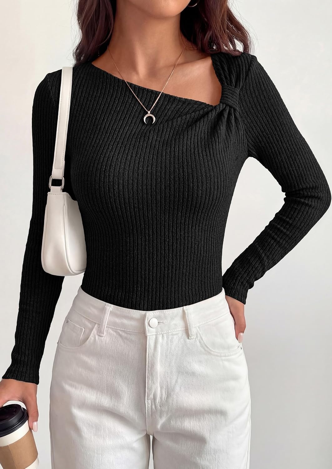 image:imagePRETTYGARDEN Womens 2026 Early Fall Fashion Long Sleeve T Shirts Asymmetrical Ribbed Fitted Trendy Going Out Tops Y2K OutfitsBlack
