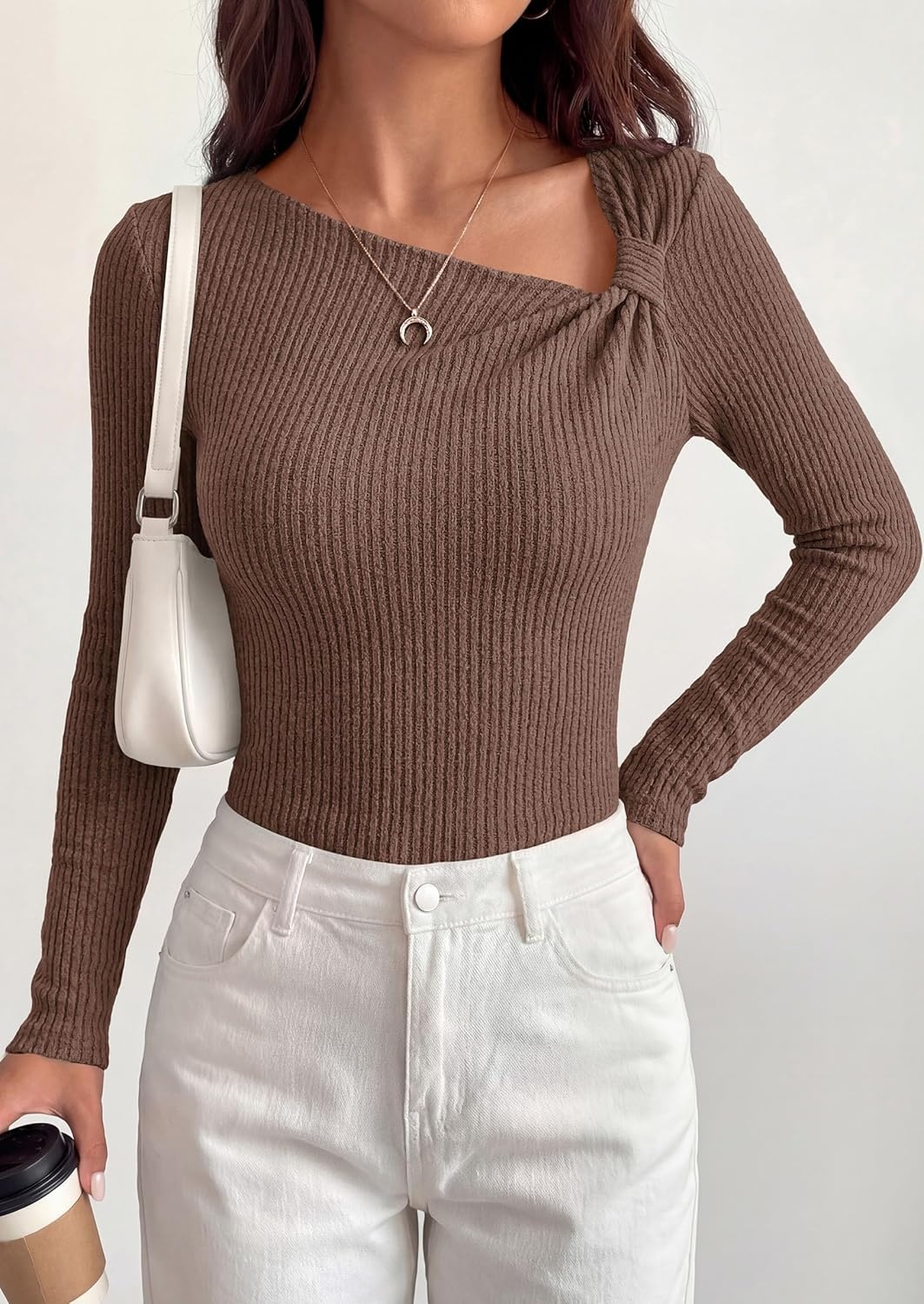 image:imagePRETTYGARDEN Womens 2026 Early Fall Fashion Long Sleeve T Shirts Asymmetrical Ribbed Fitted Trendy Going Out Tops Y2K OutfitsBrown