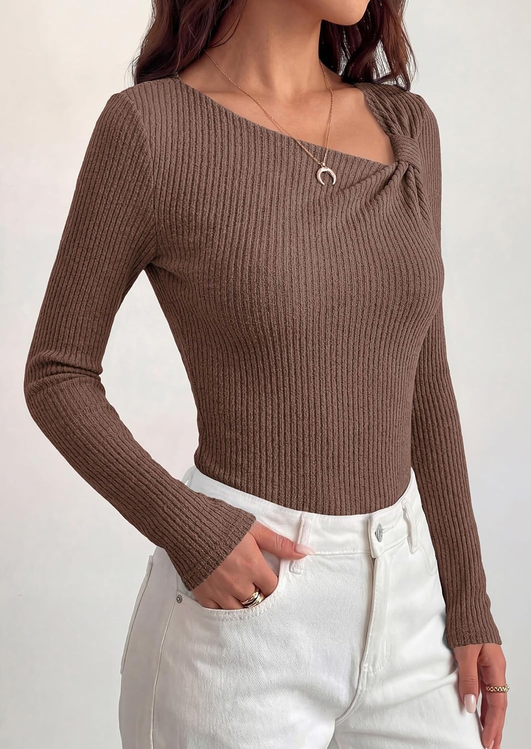 image:imagePRETTYGARDEN Womens 2026 Early Fall Fashion Long Sleeve T Shirts Asymmetrical Ribbed Fitted Trendy Going Out Tops Y2K OutfitsBrown