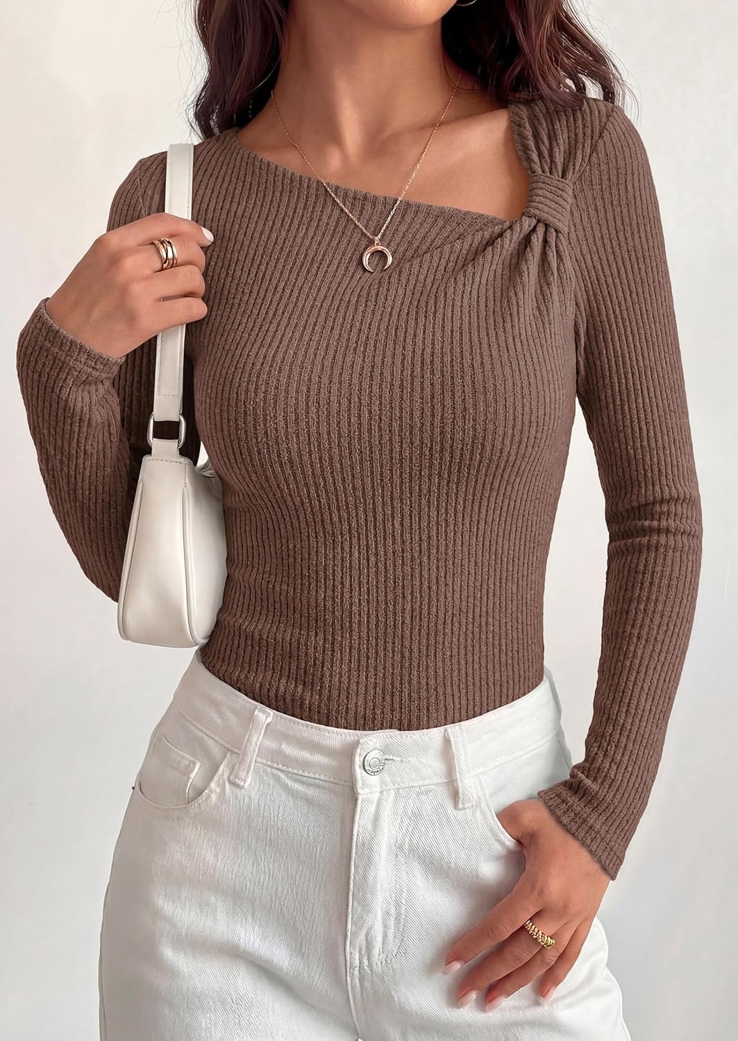 image:imagePRETTYGARDEN Womens 2026 Early Fall Fashion Long Sleeve T Shirts Asymmetrical Ribbed Fitted Trendy Going Out Tops Y2K OutfitsBrown