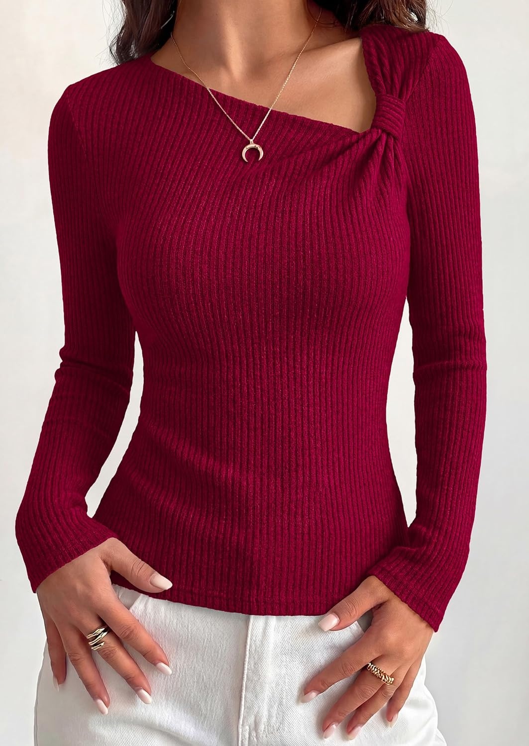 image:imagePRETTYGARDEN Womens 2026 Early Fall Fashion Long Sleeve T Shirts Asymmetrical Ribbed Fitted Trendy Going Out Tops Y2K OutfitsDark Red